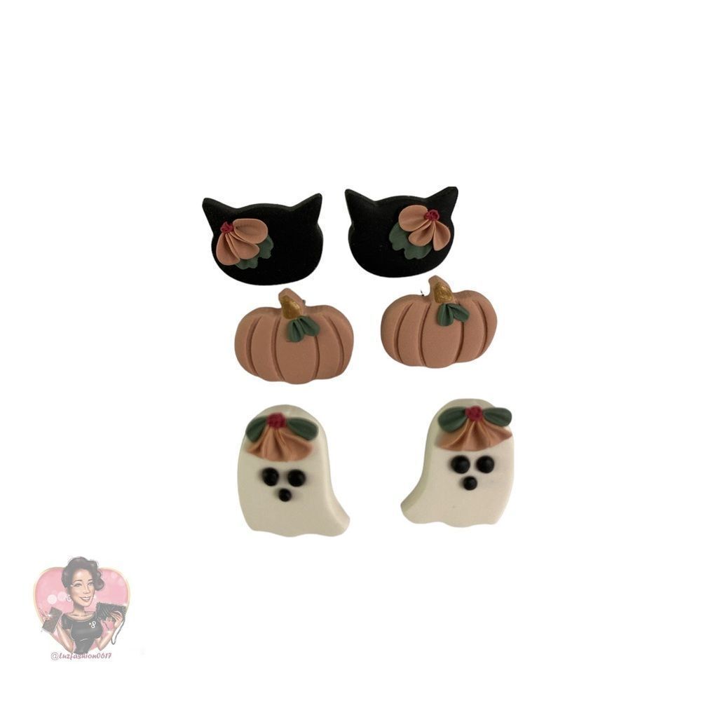 HOLA PETUN CAT, PUMPKIN & GHOST STUD SET
